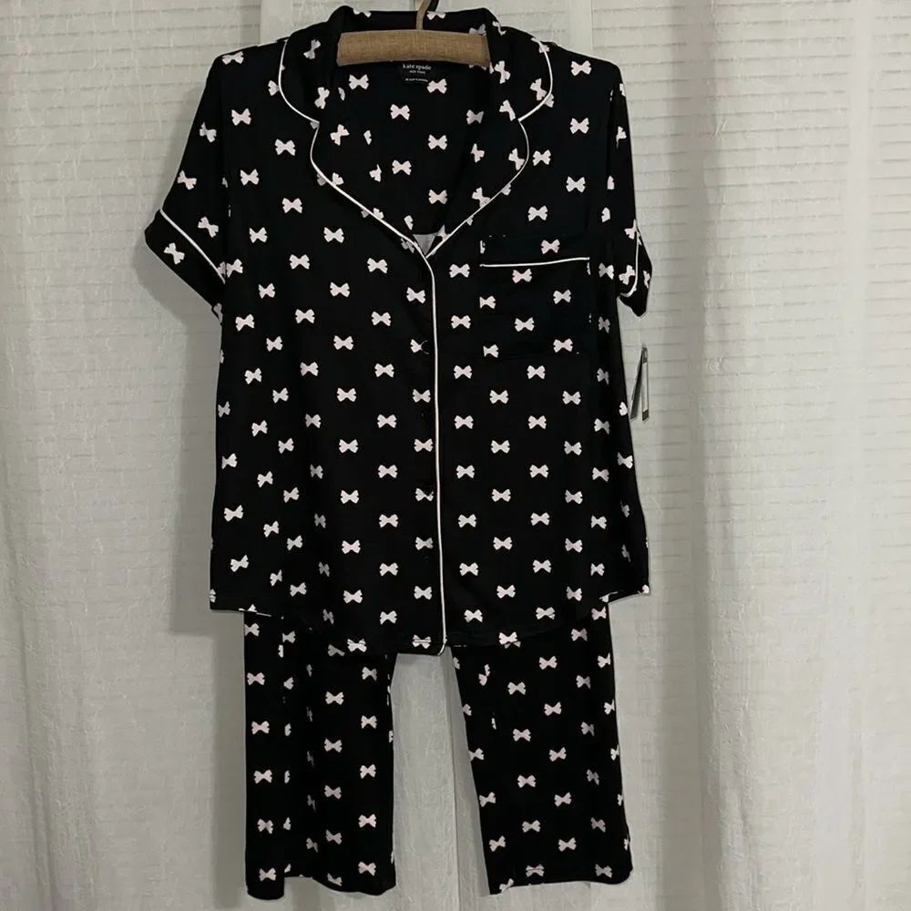 kate spade M-XL Black Blush Pink Bow Tie Short Sleeve Notch Crop Pants PJ Set